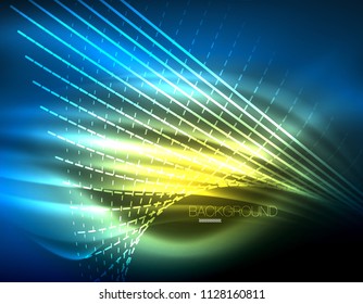 Efecto ligero suave, líneas rectas sobre fondo oscuro de neón brillante brillante. Idea de tecnología energética. Ilustración del vector