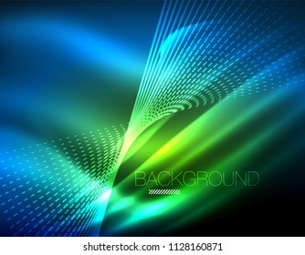 Efeito de luz suave, linhas retas sobre fundo escuro brilhante neon. Ideia de tecnologia de energia. Ilustração vetorial