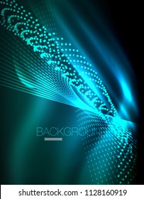Smooth light effect, straight lines on glowing shiny neon dark background. Energy technology idea. Vector illustration