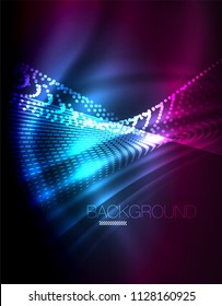 Smooth light effect, straight lines on glowing shiny neon dark background. Energy technology idea. Vector illustration