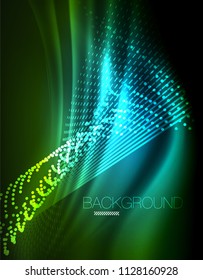 Smooth light effect, straight lines on glowing shiny neon dark background. Energy technology idea. Vector illustration