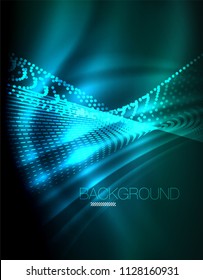 Smooth light effect, straight lines on glowing shiny neon dark background. Energy technology idea. Vector illustration