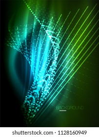 Smooth light effect, straight lines on glowing shiny neon dark background. Energy technology idea. Vector illustration