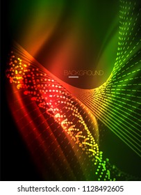 Glättlicher Lichteffekt, gerade Linien auf glänzendem neonfarbenem dunklem Hintergrund. Idee der Energietechnologie. Vektorgrafik