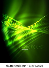 Smooth light effect, straight lines on glowing shiny neon dark background. Energy technology idea. Vector illustration
