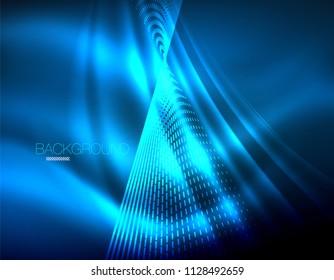 Smooth light effect, straight lines on glowing shiny neon dark background. Energy technology idea. Vector illustration