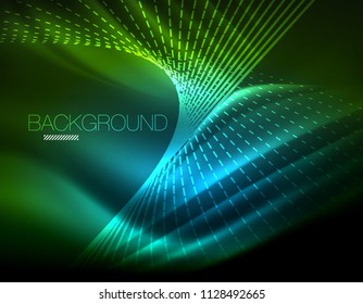 Smooth light effect, straight lines on glowing shiny neon dark background. Energy technology idea. Vector illustration