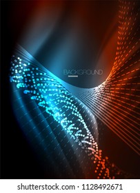 Smooth light effect, straight lines on glowing shiny neon dark background. Energy technology idea. Vector illustration