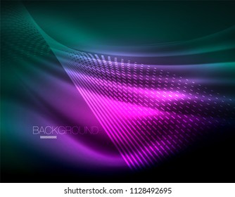 Smooth light effect, straight lines on glowing shiny neon dark background. Energy technology idea. Vector illustration