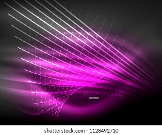 Smooth light effect, straight lines on glowing shiny neon dark background. Energy technology idea. Vector illustration