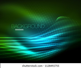 Smooth light effect, straight lines on glowing shiny neon dark background. Energy technology idea. Vector illustration