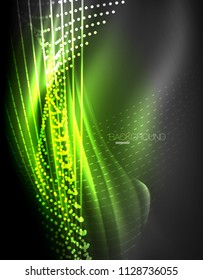 Smooth light effect, straight lines on glowing shiny neon dark background. Energy technology idea. Vector illustration