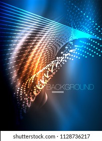 Smooth light effect, straight lines on glowing shiny neon dark background. Energy technology idea. Vector illustration