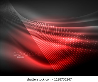 Smooth light effect, straight lines on glowing shiny neon dark background. Energy technology idea. Vector illustration