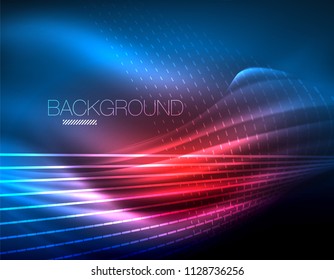 Smooth light effect, straight lines on glowing shiny neon dark background. Energy technology idea. Vector illustration
