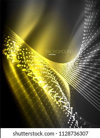 Smooth light effect, straight lines on glowing shiny neon dark background. Energy technology idea. Vector illustration
