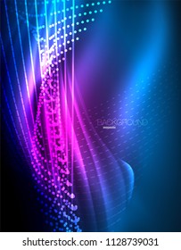 Smooth light effect, straight lines on glowing shiny neon dark background. Energy technology idea. Vector illustration