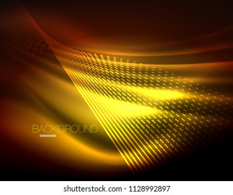 Smooth light effect, straight lines on glowing shiny neon dark background. Energy technology idea. Vector illustration