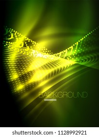 Smooth light effect, straight lines on glowing shiny neon dark background. Energy technology idea. Vector illustration