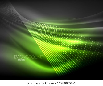 Smooth light effect, straight lines on glowing shiny neon dark background. Energy technology idea. Vector illustration