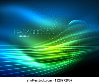 Smooth light effect, straight lines on glowing shiny neon dark background. Energy technology idea. Vector illustration
