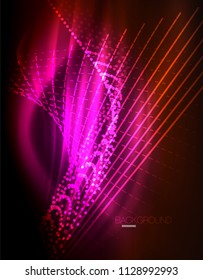 Smooth light effect, straight lines on glowing shiny neon dark background. Energy technology idea. Vector illustration
