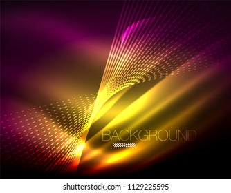 Smooth light effect, straight lines on glowing shiny neon dark background. Energy technology idea. Vector illustration