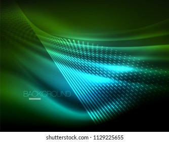 Smooth light effect, straight lines on glowing shiny neon dark background. Energy technology idea. Vector illustration