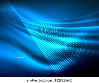 Smooth light effect, straight lines on glowing shiny neon dark background. Energy technology idea. Vector illustration