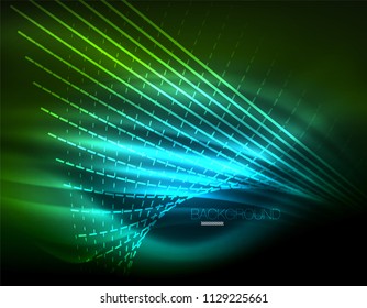 Smooth light effect, straight lines on glowing shiny neon dark background. Energy technology idea. Vector illustration