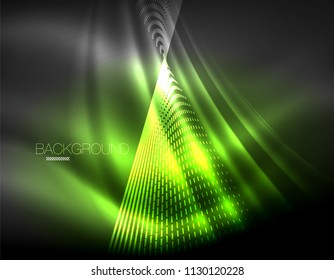 Smooth light effect, straight lines on glowing shiny neon dark background. Energy technology idea. Vector illustration