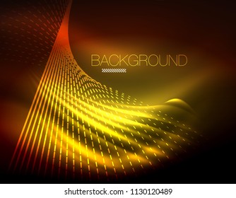 Smooth light effect, straight lines on glowing shiny neon dark background. Energy technology idea. Vector illustration