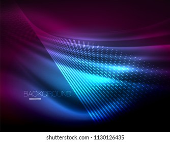 Smooth light effect, straight lines on glowing shiny neon dark background. Energy technology idea. Vector illustration