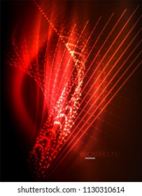 Smooth light effect, straight lines on glowing shiny neon dark background. Energy technology idea. Vector illustration