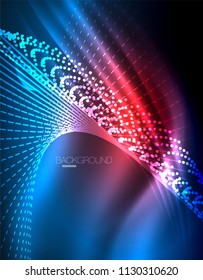 Smooth light effect, straight lines on glowing shiny neon dark background. Energy technology idea. Vector illustration