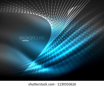 Smooth light effect, straight lines on glowing shiny neon dark background. Energy technology idea. Vector illustration