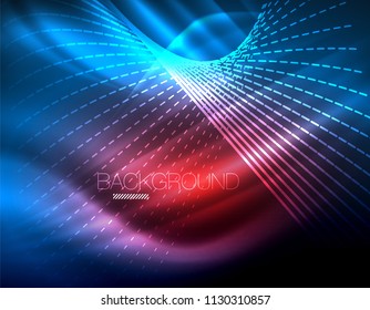 Smooth light effect, straight lines on glowing shiny neon dark background. Energy technology idea. Vector illustration