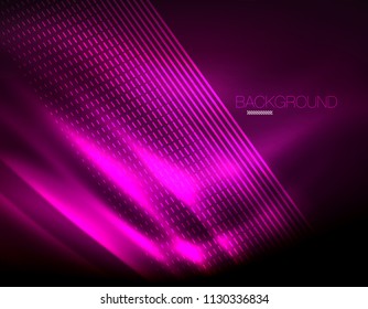 Smooth light effect, straight lines on glowing shiny neon dark background. Energy technology idea. Vector illustration