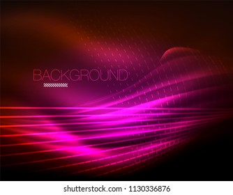 Smooth light effect, straight lines on glowing shiny neon dark background. Energy technology idea. Vector illustration