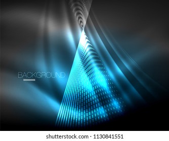 Smooth light effect, straight lines on glowing shiny neon dark background. Energy technology idea. Vector illustration
