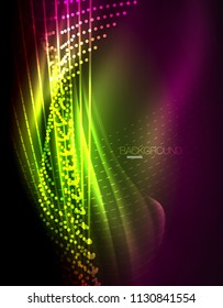 Smooth light effect, straight lines on glowing shiny neon dark background. Energy technology idea. Vector illustration