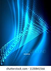 Smooth light effect, straight lines on glowing shiny neon dark background. Energy technology idea. Vector illustration