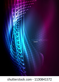 Smooth light effect, straight lines on glowing shiny neon dark background. Energy technology idea. Vector illustration