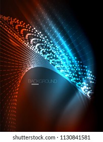 Smooth light effect, straight lines on glowing shiny neon dark background. Energy technology idea. Vector illustration