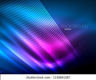 Smooth light effect, straight lines on glowing shiny neon dark background. Energy technology idea. Vector illustration