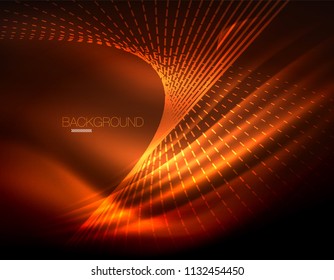 Smooth light effect, straight lines on glowing shiny neon dark background. Energy technology idea. Vector illustration