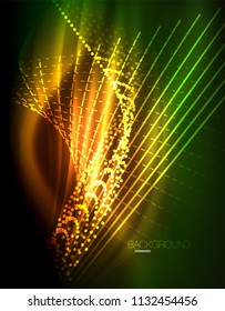 Efecto ligero suave, líneas rectas sobre fondo oscuro de neón brillante brillante. Idea de tecnología energética. Ilustración del vector