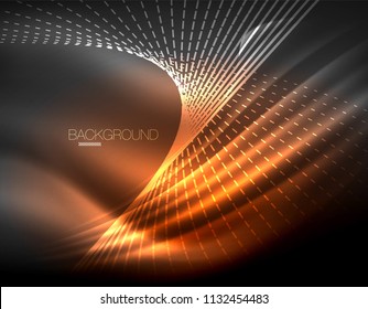 Smooth light effect, straight lines on glowing shiny neon dark background. Energy technology idea. Vector illustration