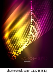 Smooth light effect, straight lines on glowing shiny neon dark background. Energy technology idea. Vector illustration