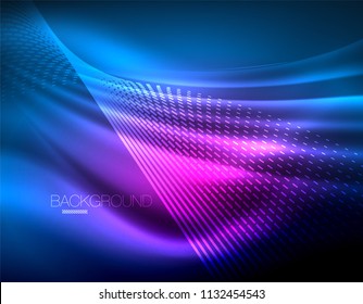 Smooth light effect, straight lines on glowing shiny neon dark background. Energy technology idea. Vector illustration